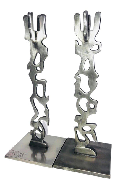 Frisman Vintage Robert Stoller Signed Post Modern Pair Brutalist Abstract Aluminum Candleholders
