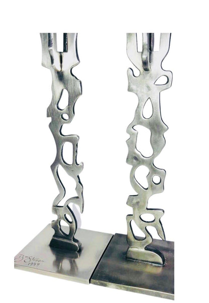 Frisman Vintage Robert Stoller Signed Post Modern Pair Brutalist Abstract Aluminum Candleholders
