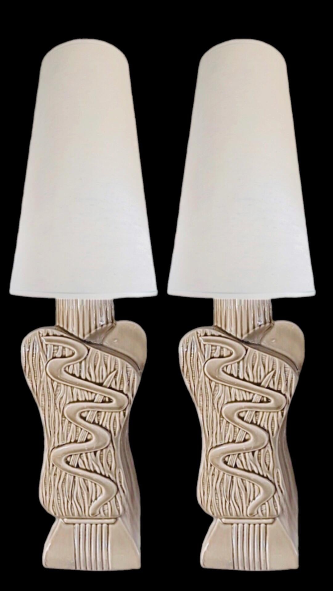Frisman Vintage 40s Pair Phil-Mar Style Art Deco Mid Century Modern Abstract Ceramic Table Lamps