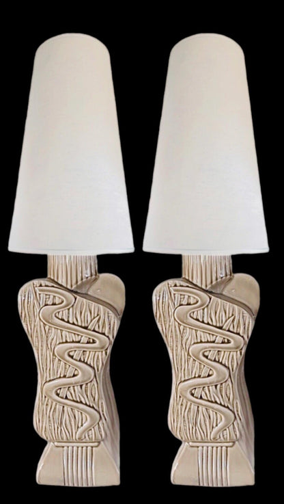 Frisman Vintage 40s Pair Phil-Mar Style Art Deco Mid Century Modern Abstract Ceramic Table Lamps