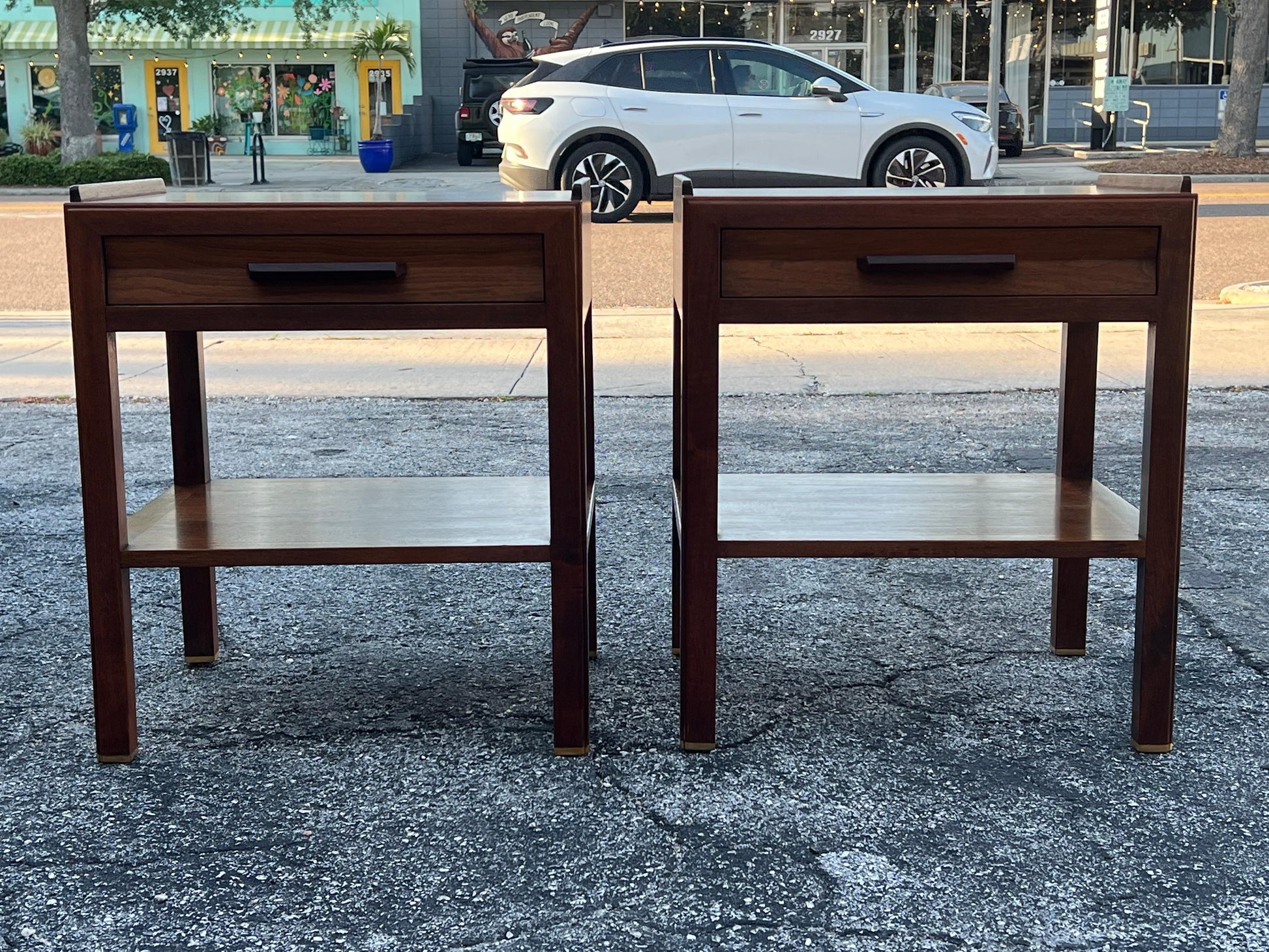Frisman Vintage Edward Wormley Dunbar Night Stands Walnut  With Rosewood Handles Ca' 1950's