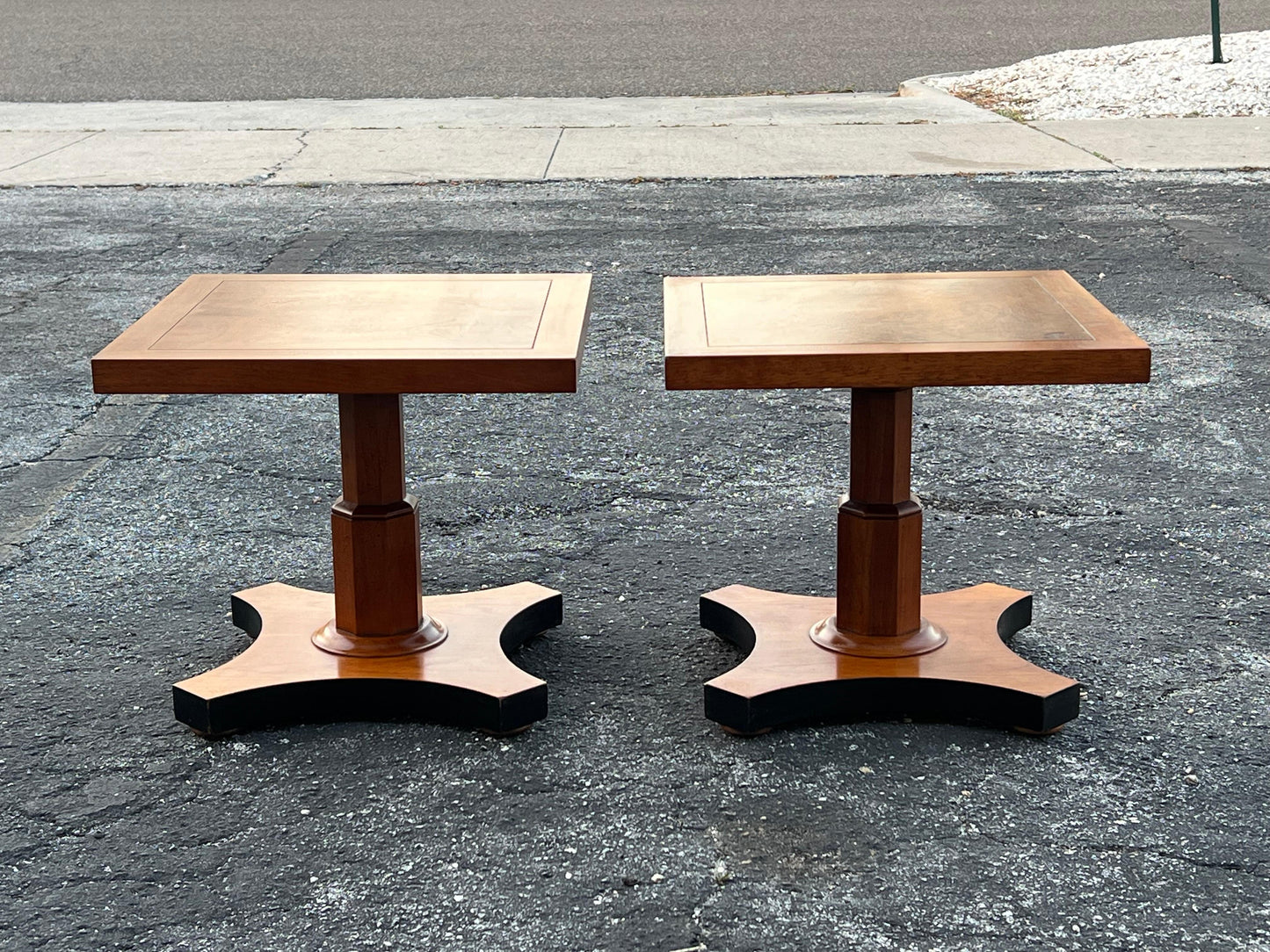 Frisman Vintage Baker Furniture Pair of Pedestal Regency Style Burl Walnut Tables Ca' 1950's