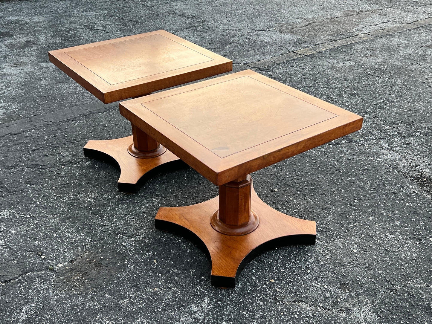 Frisman Vintage Baker Furniture Pair of Pedestal Regency Style Burl Walnut Tables Ca' 1950's