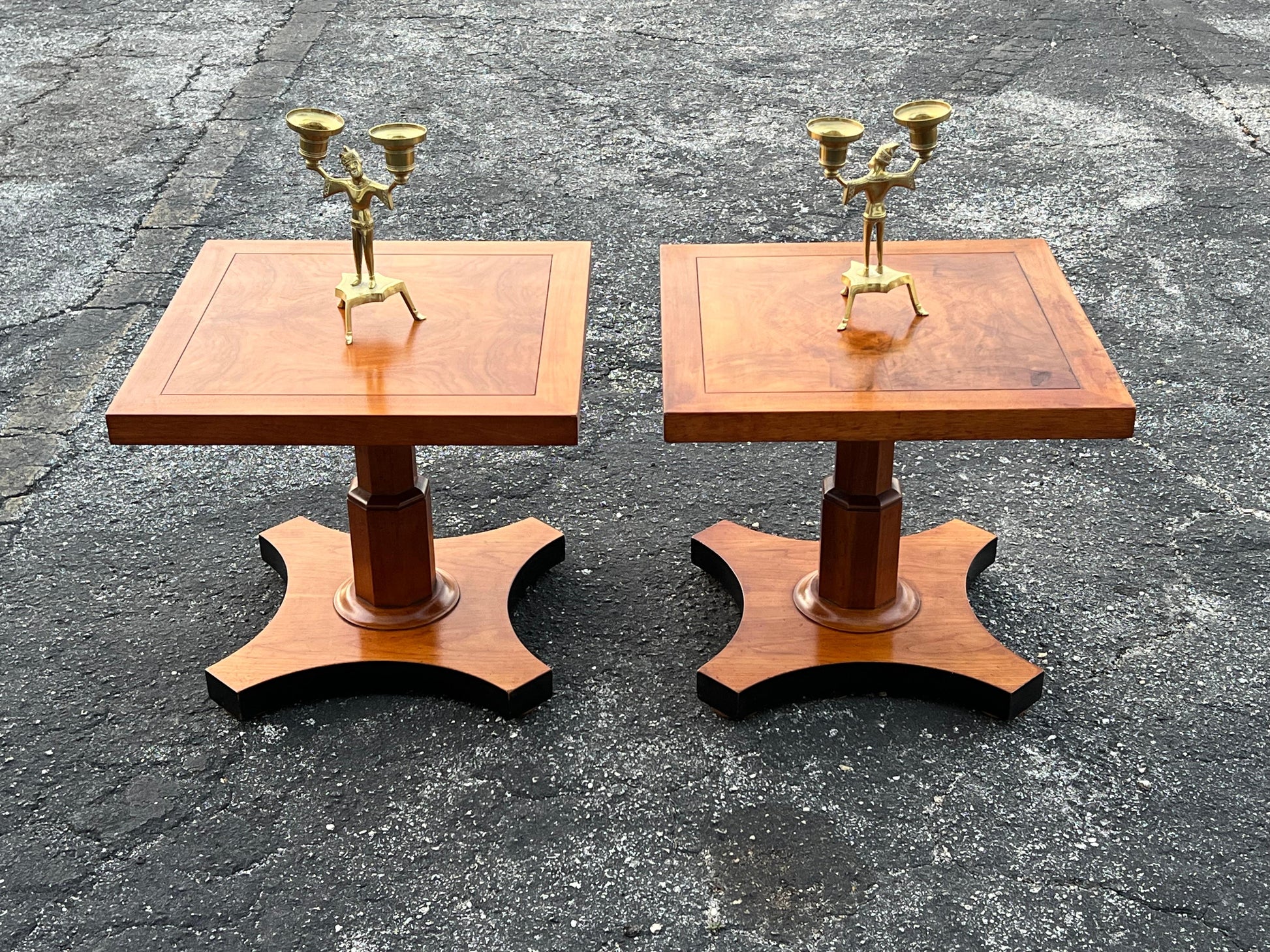Frisman Vintage Baker Furniture Pair of Pedestal Regency Style Burl Walnut Tables Ca' 1950's