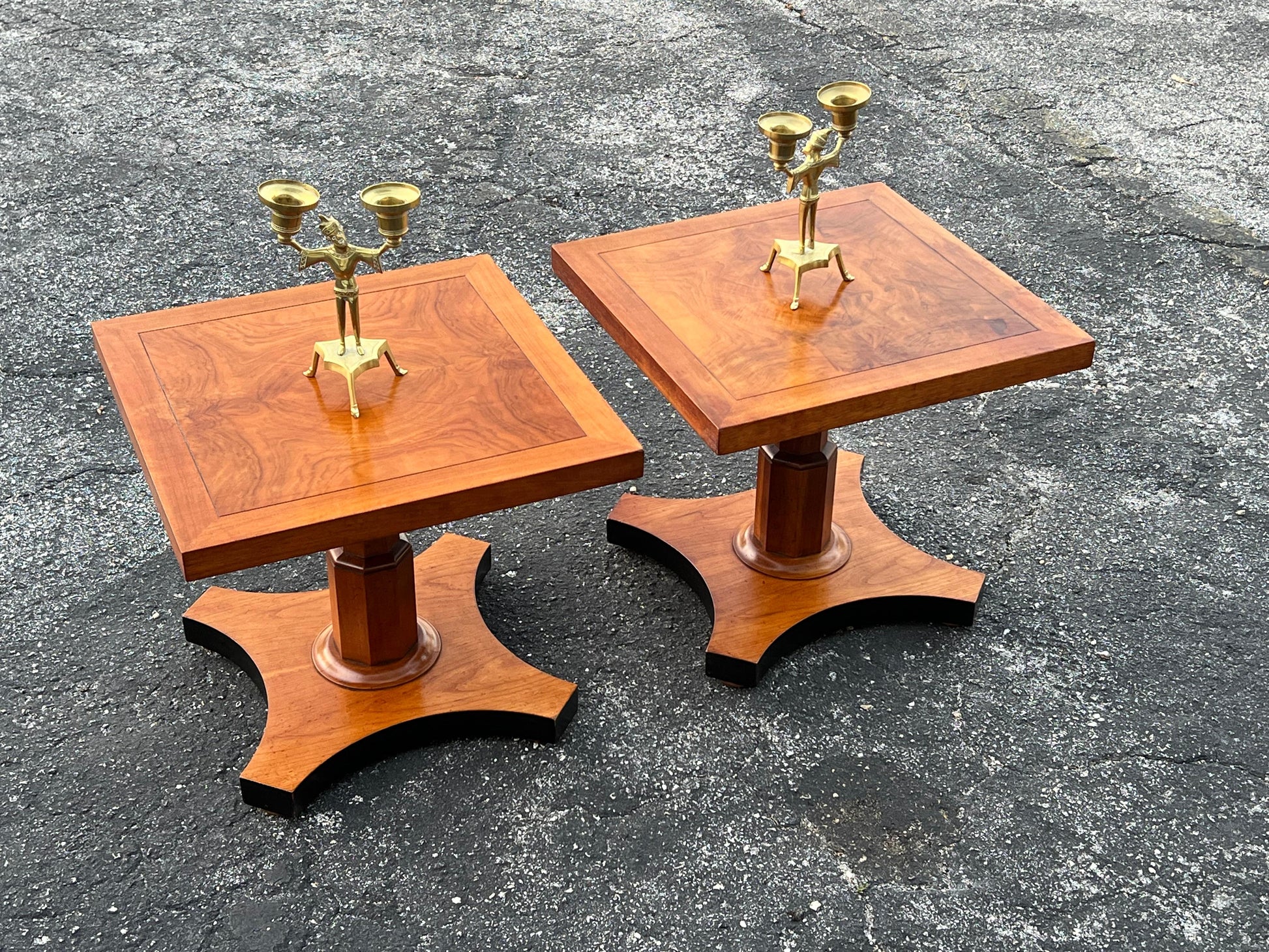 Frisman Vintage Baker Furniture Pair of Pedestal Regency Style Burl Walnut Tables Ca' 1950's