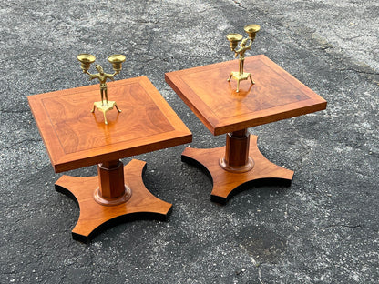 Frisman Vintage Baker Furniture Pair of Pedestal Regency Style Burl Walnut Tables Ca' 1950's