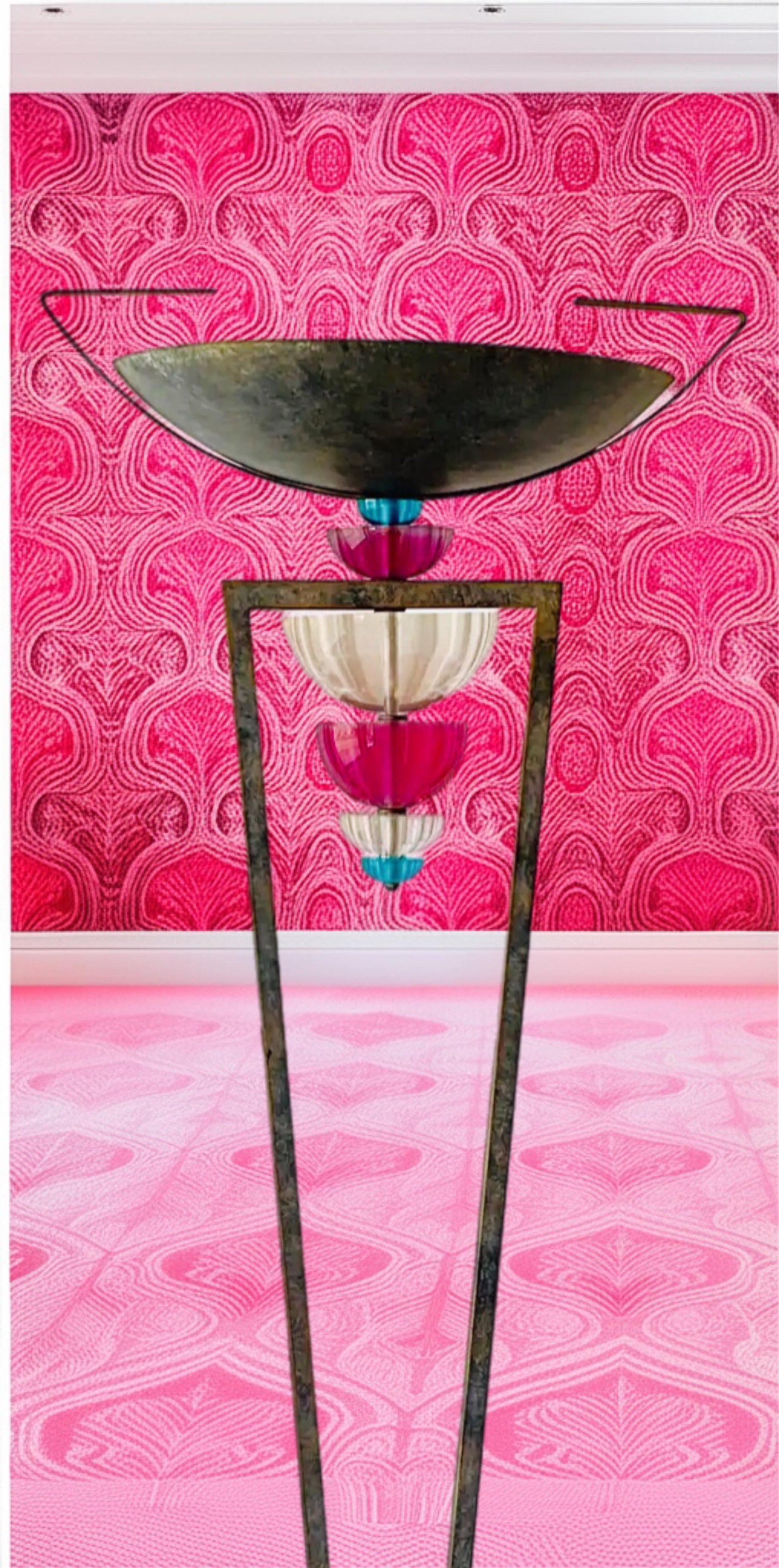 Frisman Vintage 80s Vintage Hivo Van Teal Post Modern Art Deco Torchiere  Lucite Floor Lamp