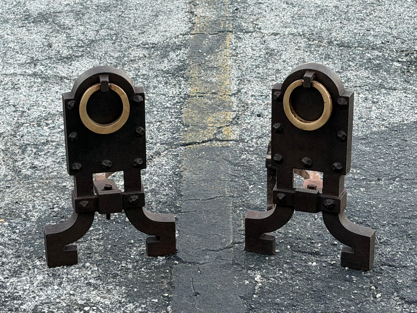 Frisman Vintage A Pair Of Unusual Andirons ca' 1920's Cast Iron Brass Rings