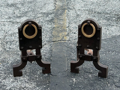 Frisman Vintage A Pair Of Unusual Andirons ca' 1920's Cast Iron Brass Rings