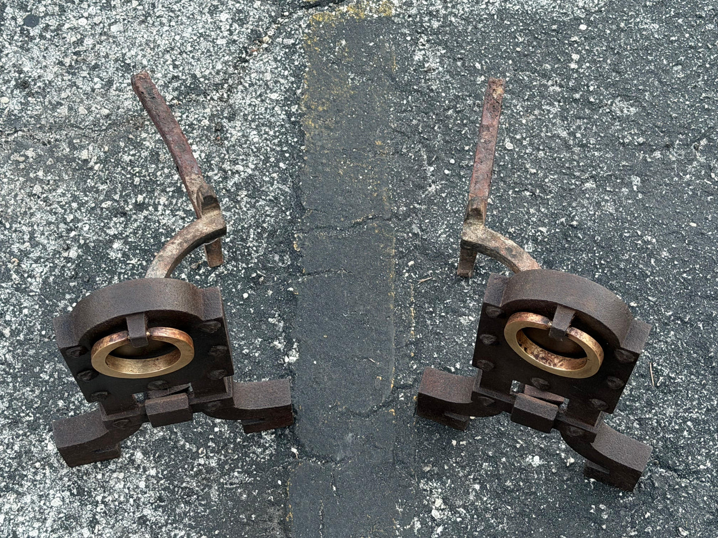 Frisman Vintage A Pair Of Unusual Andirons ca' 1920's Cast Iron Brass Rings