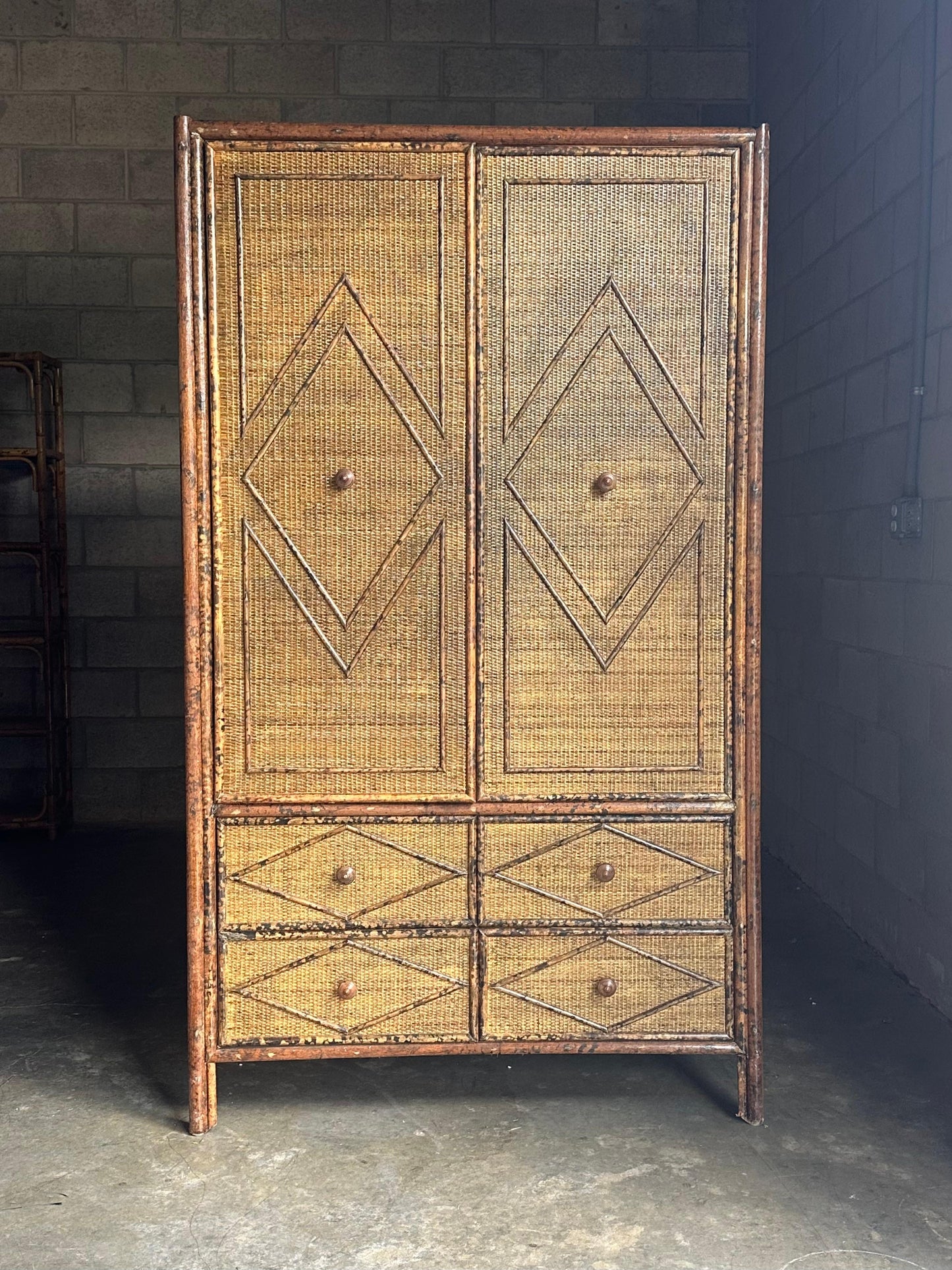 Frisman Vintage 1980s Tortoiseshell Bamboo & Rattan Wardrobe Attr to Ralph Lauren Bloomingdales