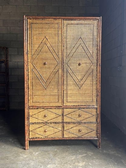 Frisman Vintage 1980s Tortoiseshell Bamboo & Rattan Wardrobe Attr to Ralph Lauren Bloomingdales