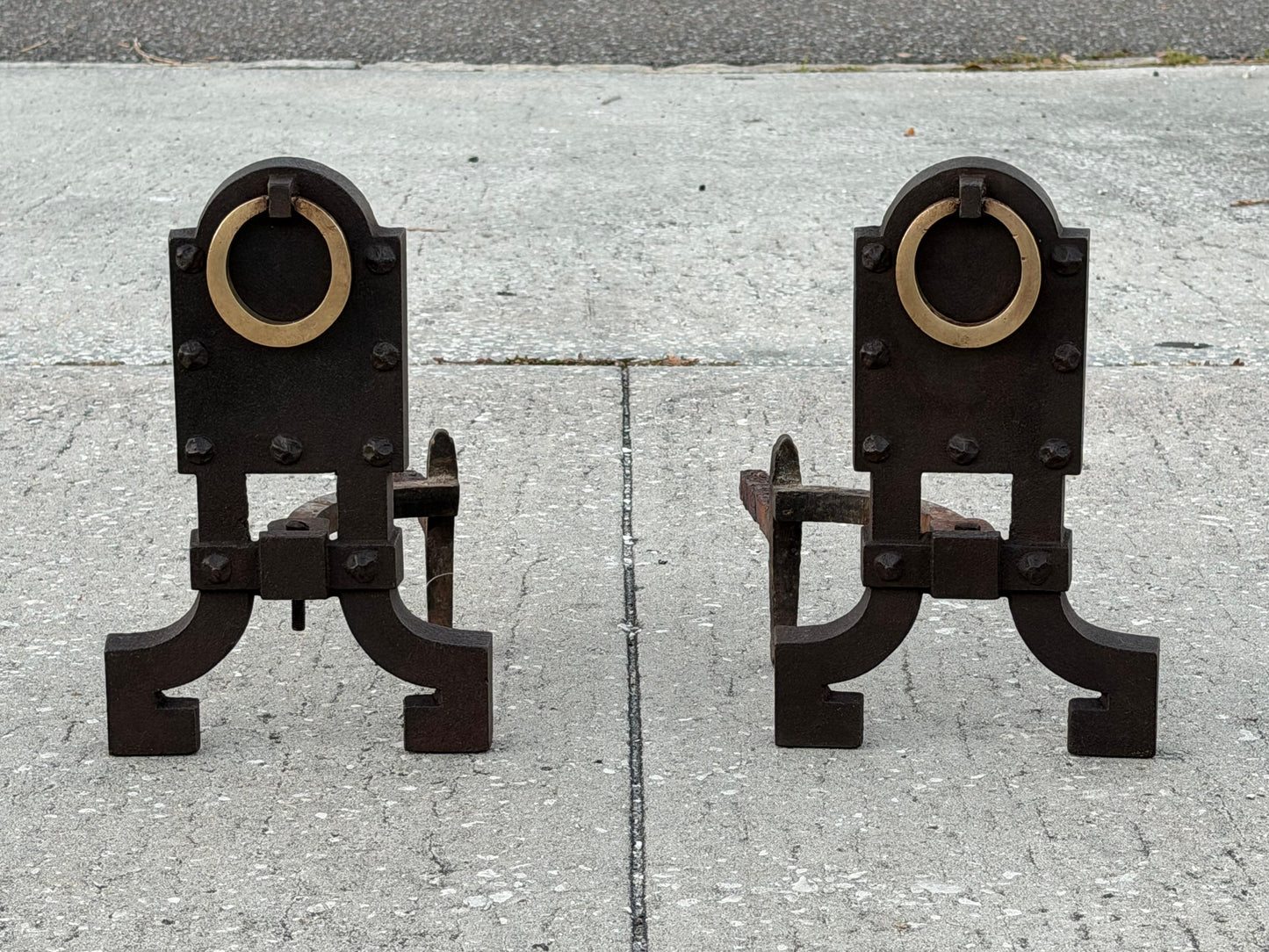 Frisman Vintage A Pair Of Unusual Andirons ca' 1920's Cast Iron Brass Rings