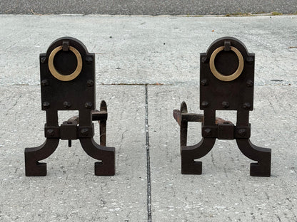 Frisman Vintage A Pair Of Unusual Andirons ca' 1920's Cast Iron Brass Rings