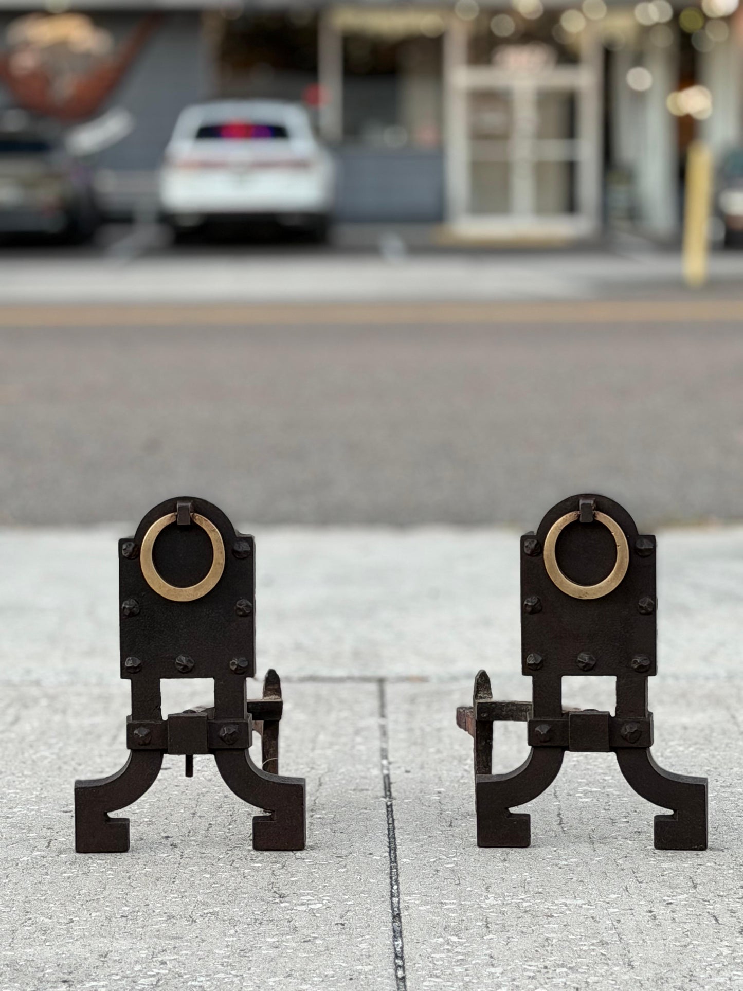 Frisman Vintage A Pair Of Unusual Andirons ca' 1920's Cast Iron Brass Rings