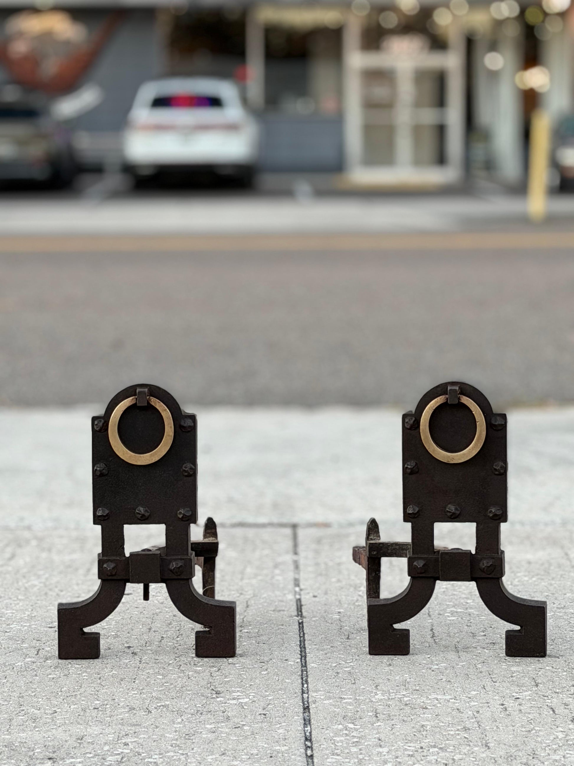 Frisman Vintage A Pair Of Unusual Andirons ca' 1920's Cast Iron Brass Rings