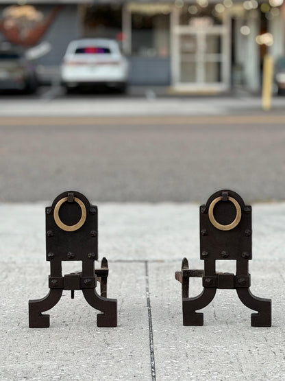 Frisman Vintage A Pair Of Unusual Andirons ca' 1920's Cast Iron Brass Rings