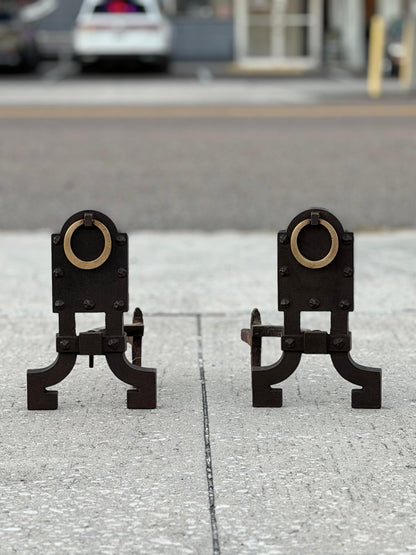 Frisman Vintage A Pair Of Unusual Andirons ca' 1920's Cast Iron Brass Rings