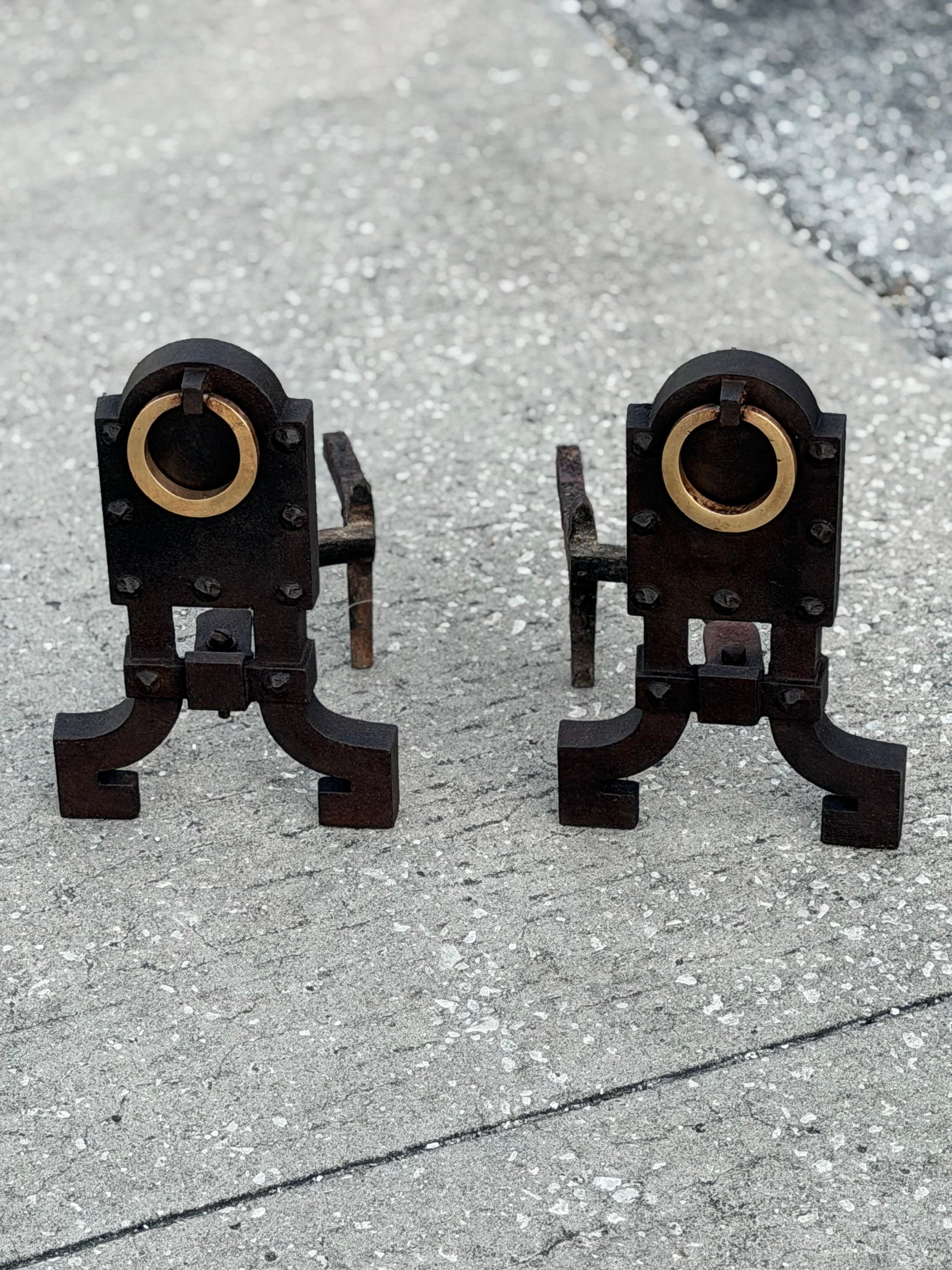 Frisman Vintage A Pair Of Unusual Andirons ca' 1920's Cast Iron Brass Rings