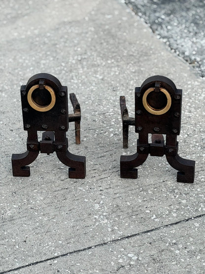 Frisman Vintage A Pair Of Unusual Andirons ca' 1920's Cast Iron Brass Rings