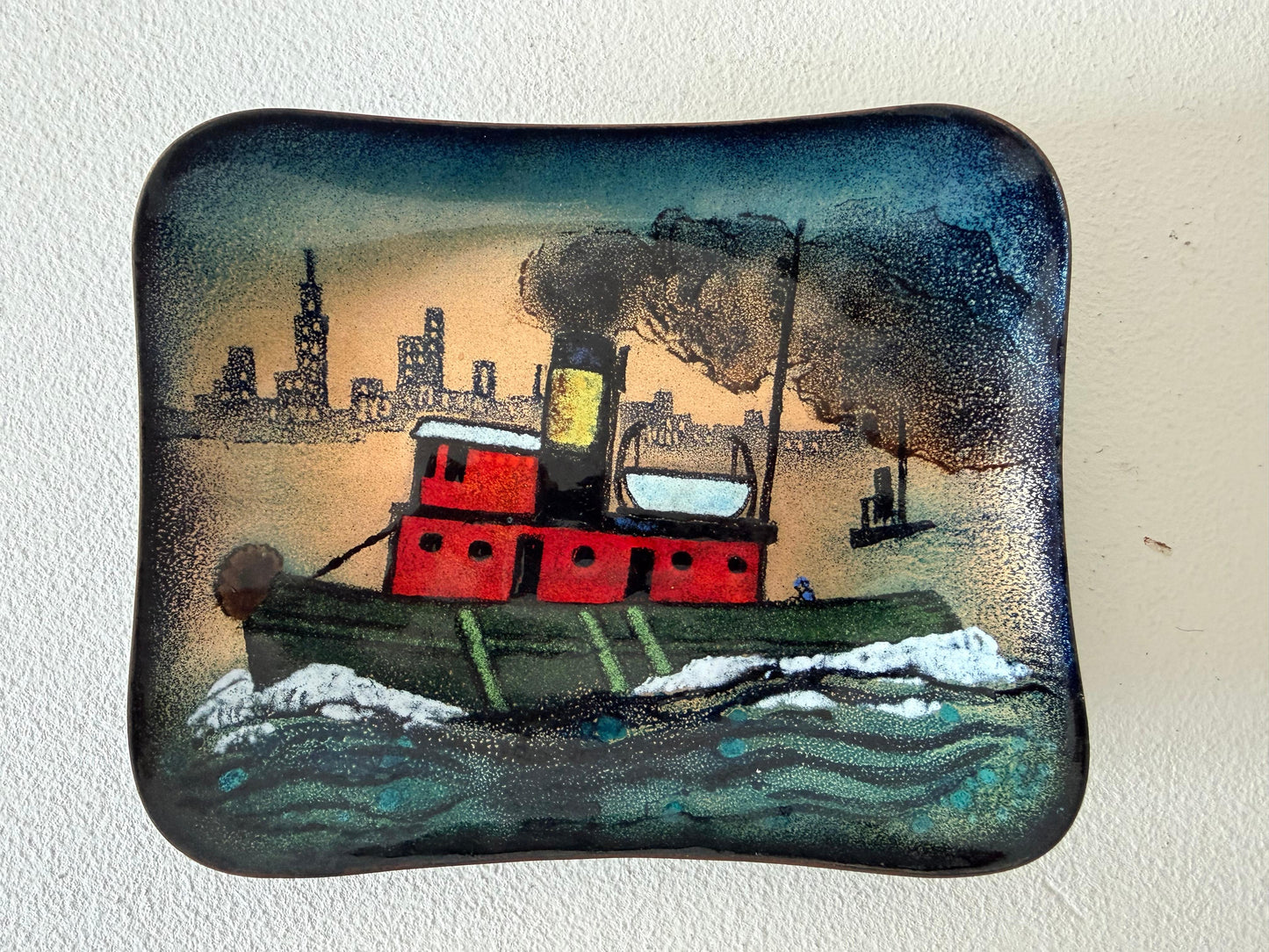 Frisman Vintage Unusual Enamel On Copper Tugboat Cityscape ca' 1950's