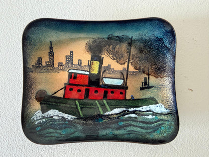 Frisman Vintage Unusual Enamel On Copper Tugboat Cityscape ca' 1950's