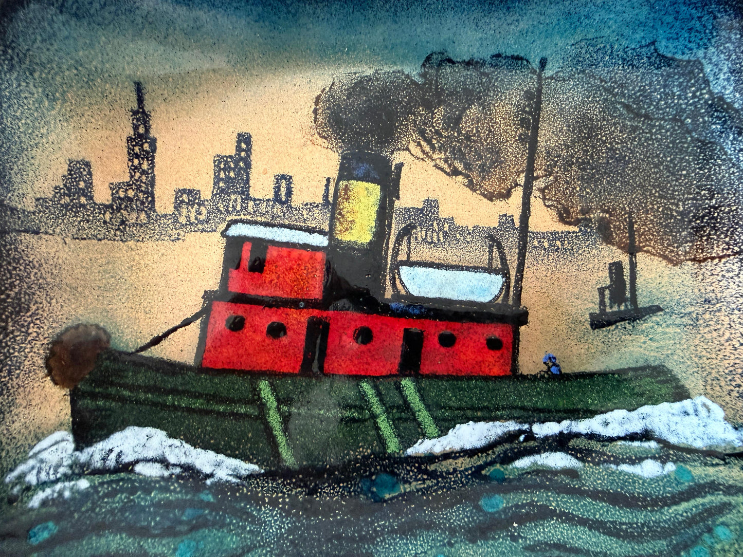 Frisman Vintage Unusual Enamel On Copper Tugboat Cityscape ca' 1950's