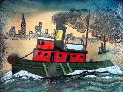 Frisman Vintage Unusual Enamel On Copper Tugboat Cityscape ca' 1950's