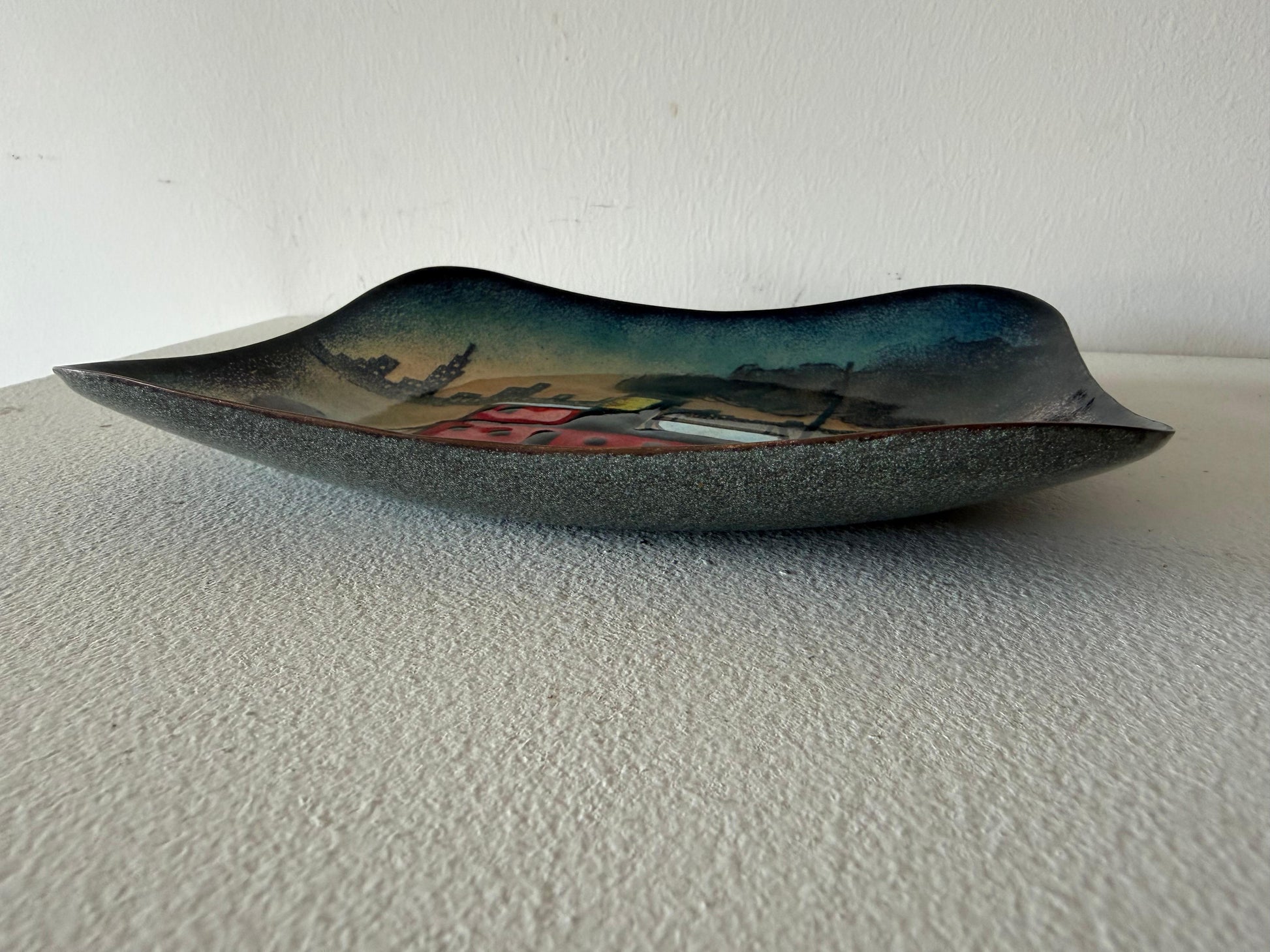 Frisman Vintage Unusual Enamel On Copper Tugboat Cityscape ca' 1950's
