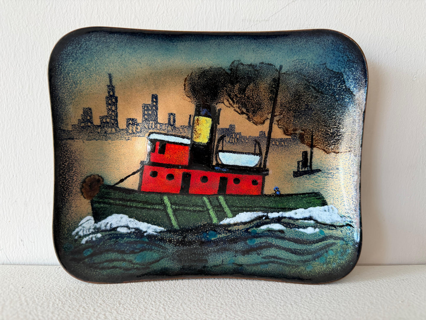 Frisman Vintage Unusual Enamel On Copper Tugboat Cityscape ca' 1950's