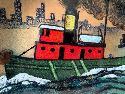 Frisman Vintage Unusual Enamel On Copper Tugboat Cityscape ca' 1950's