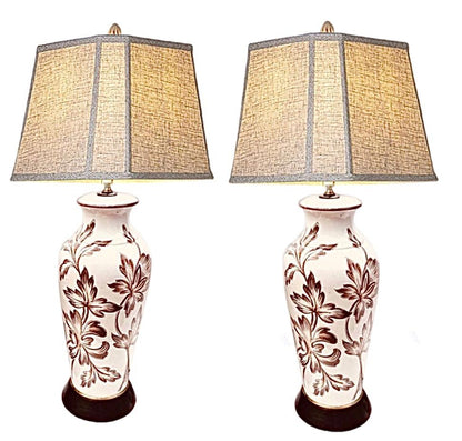 Frisman Vintage Pair Antique English Porcelain Lamps with Hand Painted Victorian Floral Design
