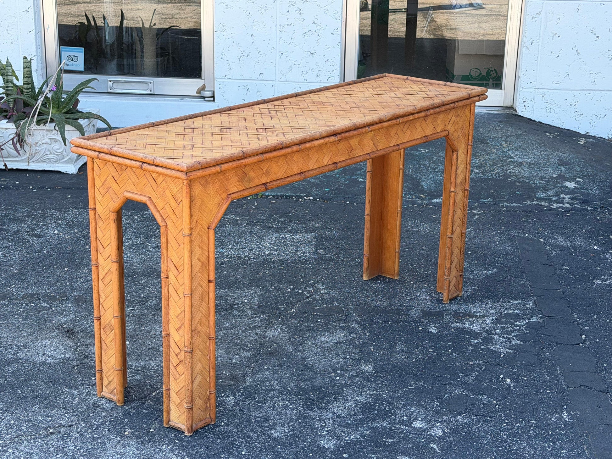 Frisman Vintage Unusual Bamboo Woven Console Table Boho Style 1970's