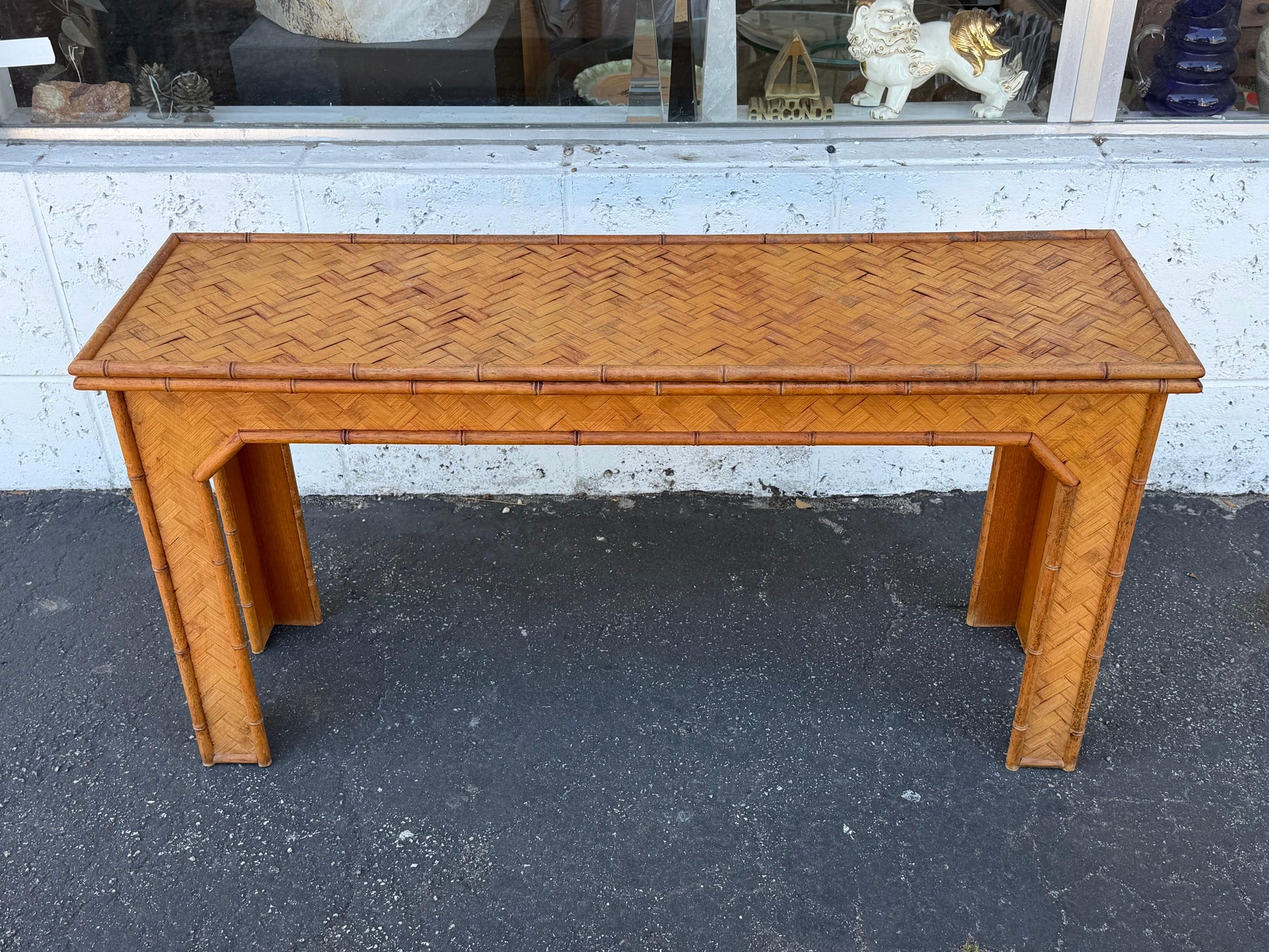 Frisman Vintage Unusual Bamboo Woven Console Table Boho Style 1970's