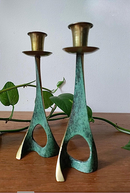 Frisman Vintage 50s Pair Vintage Pal Bell Abstract Modernist Brass Verdigris CandleHolder Israel