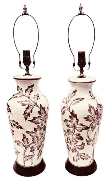 Frisman Vintage Pair Antique English Porcelain Lamps with Hand Painted Victorian Floral Design