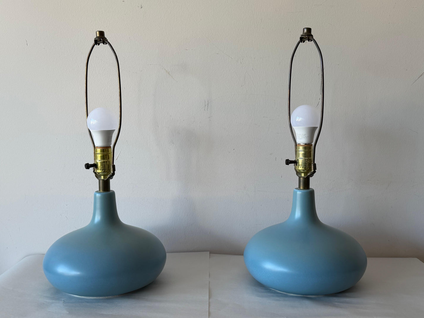 Frisman Vintage A Pair Of Lotte and Gunnar Bostlund Table Lamps in Blue Ceramic Bulbous ca' 1960