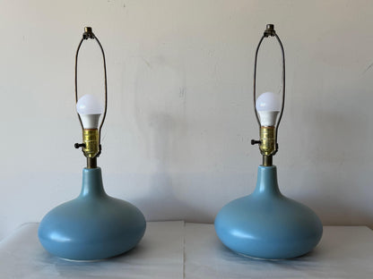 Frisman Vintage A Pair Of Lotte and Gunnar Bostlund Table Lamps in Blue Ceramic Bulbous ca' 1960