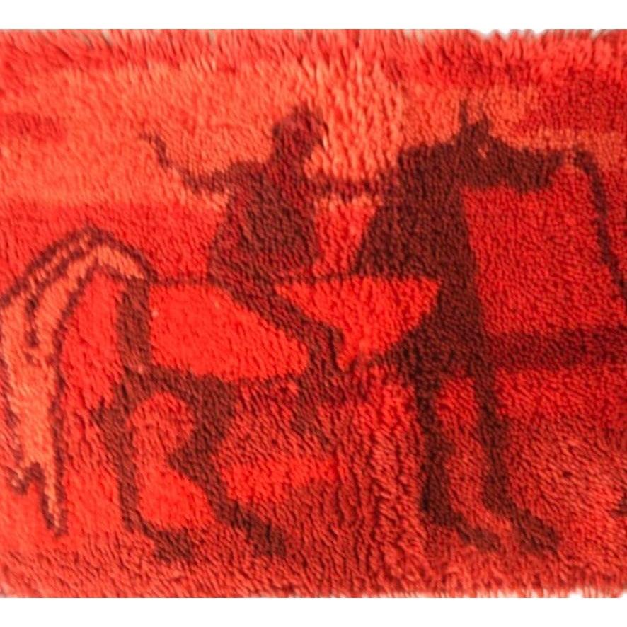 Frisman Vintage Ege Rya Rug Wool Danish Modern Etruscan Horses & Riders Tapestry Wall Hanging