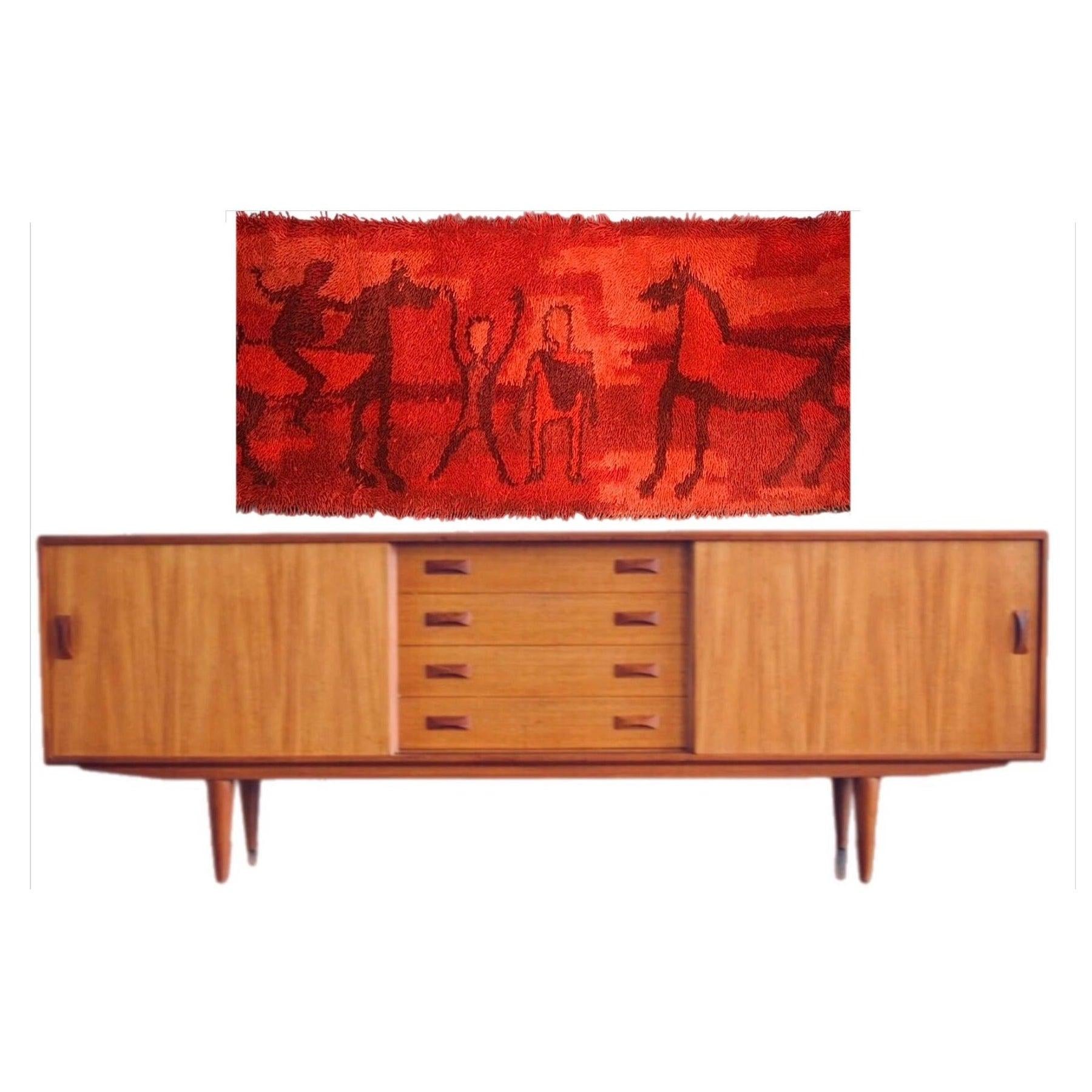 Frisman Vintage Ege Rya Rug Wool Danish Modern Etruscan Horses & Riders Tapestry Wall Hanging