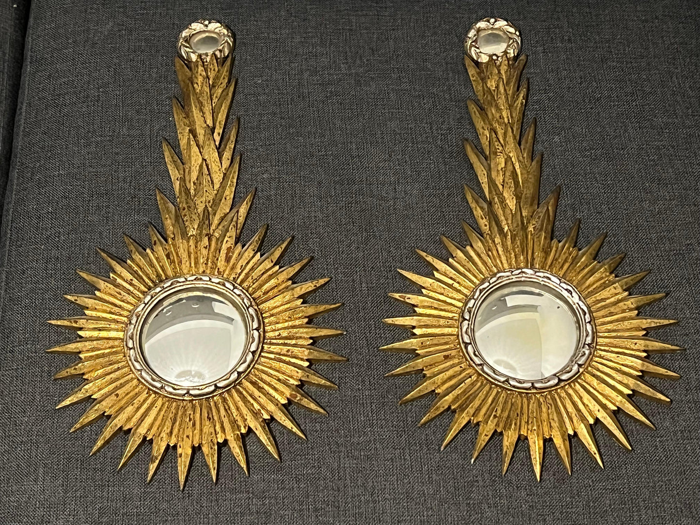 Frisman Vintage A Pair Of Unusual Sunburst Soleil Mirrors Gilt Wood Convex 1960