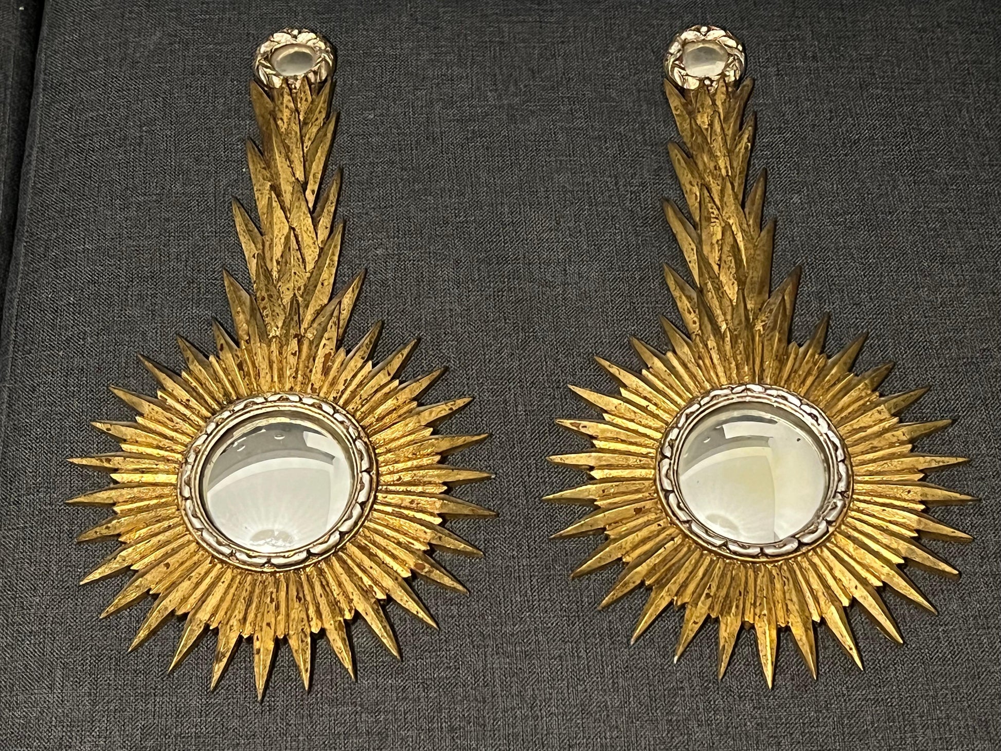 Frisman Vintage A Pair Of Unusual Sunburst Soleil Mirrors Gilt Wood Convex 1960