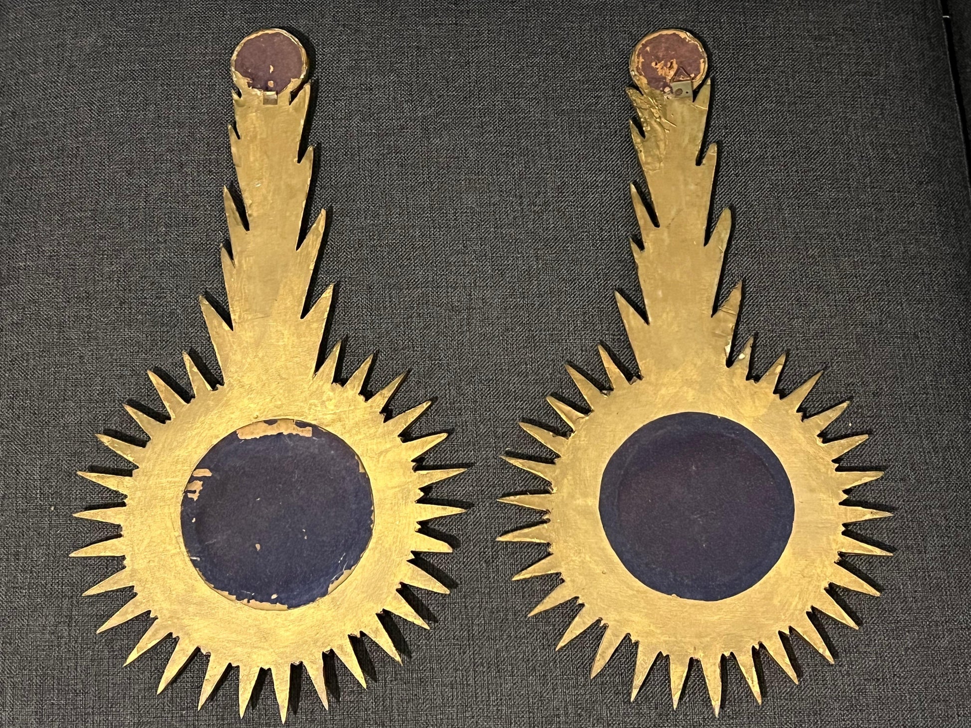 Frisman Vintage A Pair Of Unusual Sunburst Soleil Mirrors Gilt Wood Convex 1960