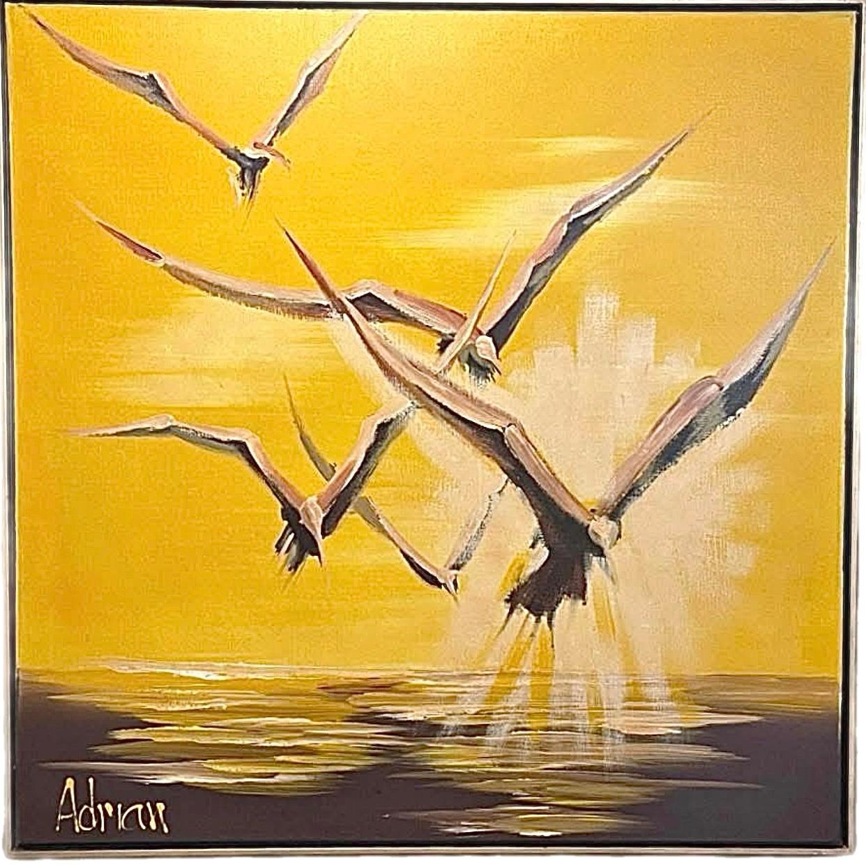 Frisman Vintage Dramatic Mid Century Modern Adrian Nautical Seagull Bird Framed Signed Painting