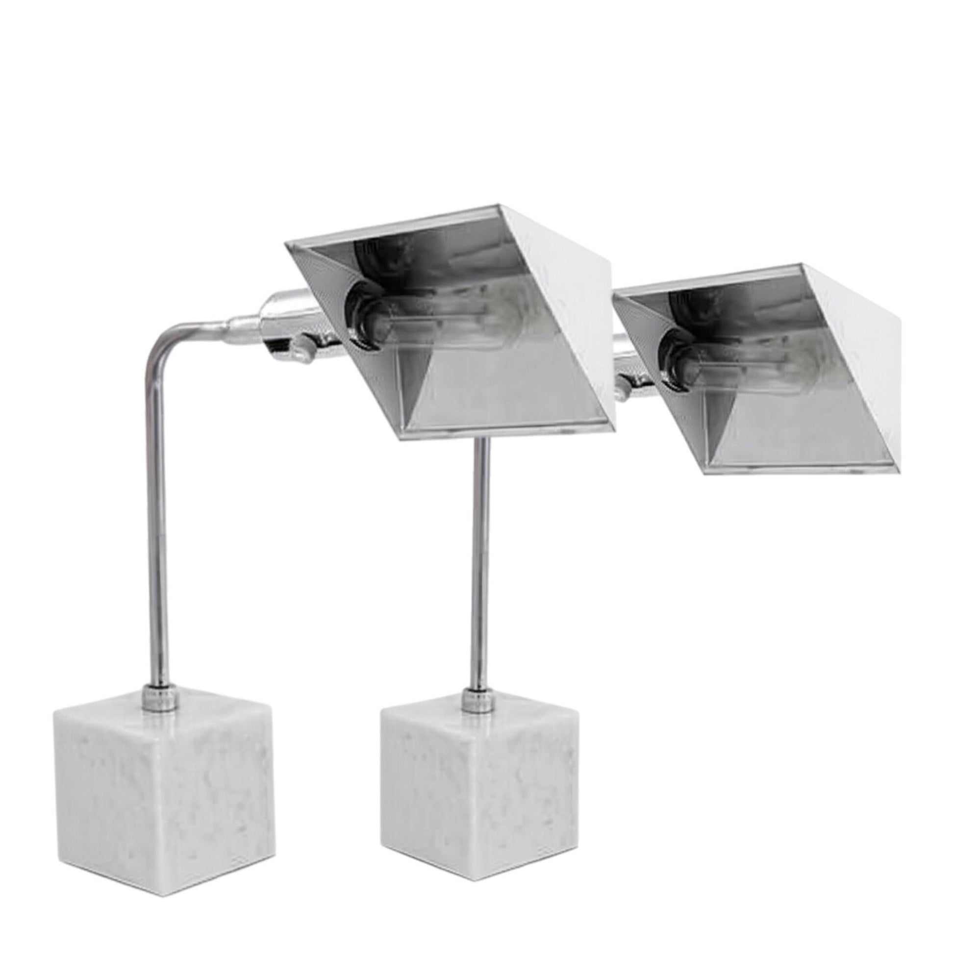 Frisman Vintage Pair Koch Lowy Mid Century Modern OMI Chrome Table Lamp Carrara Marble Base