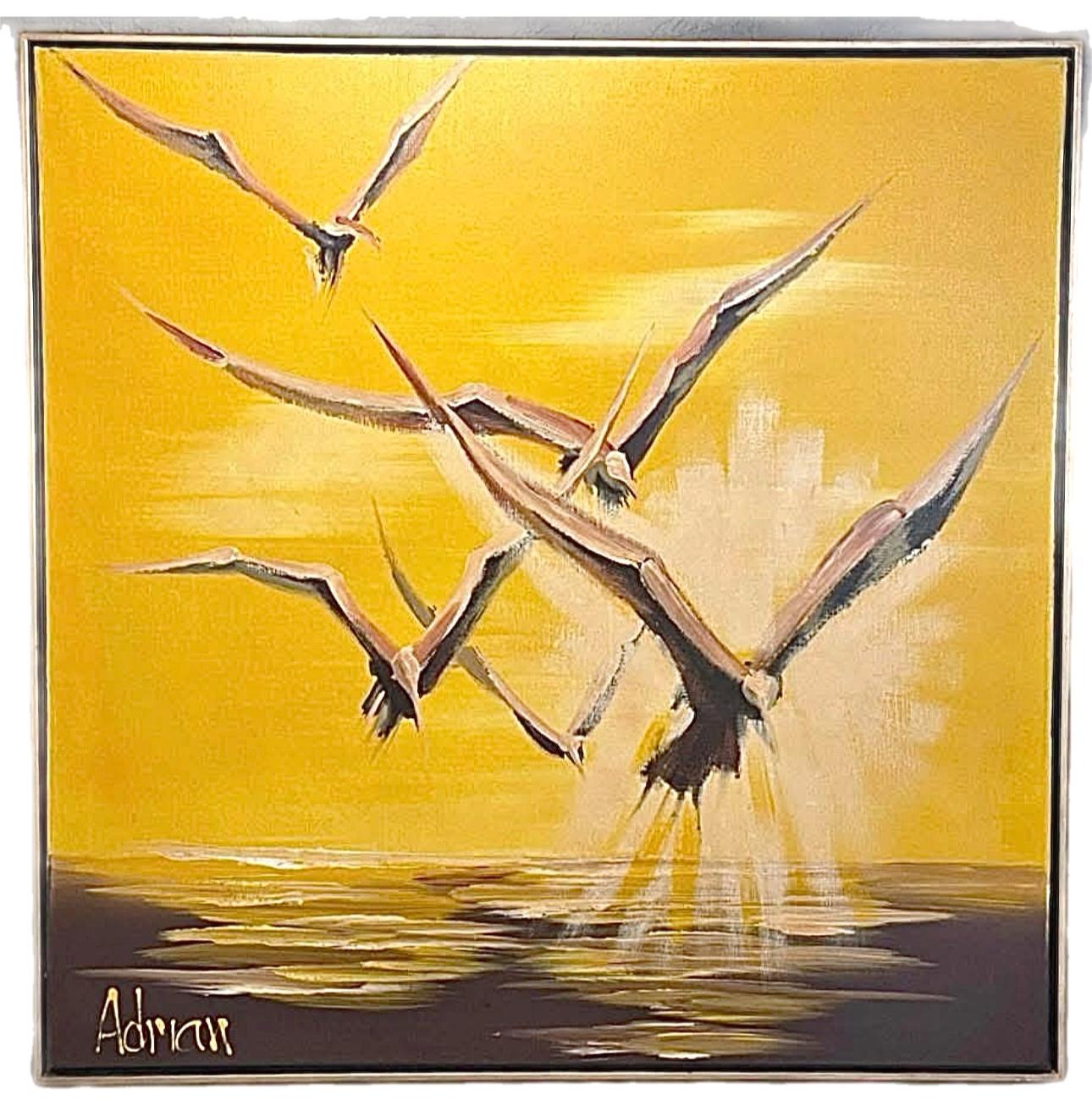 Frisman Vintage Dramatic Mid Century Modern Adrian Nautical Seagull Bird Framed Signed Painting