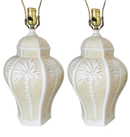 Frisman Vintage Pair Vintage Palm Beach Regency Dorothy Draper Isp Raised Palm Tree Ceramic Lamp