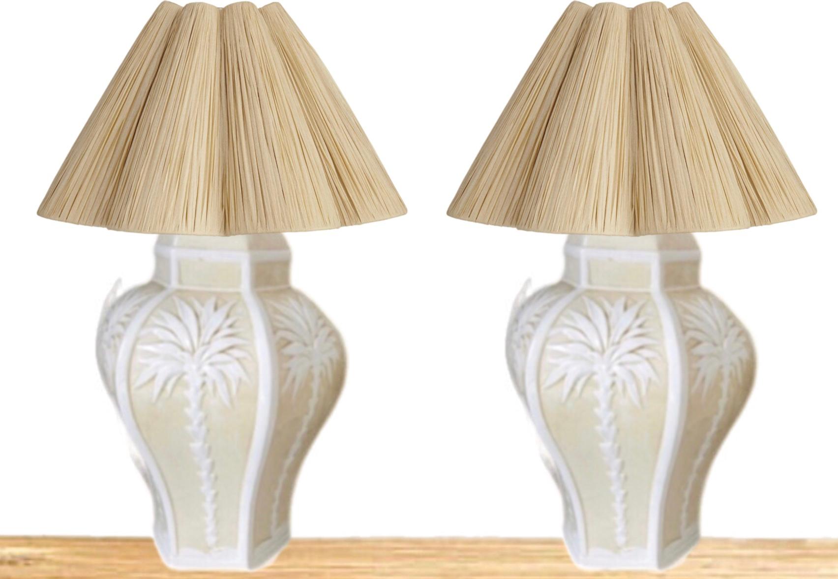 Frisman Vintage Pair Vintage Palm Beach Regency Dorothy Draper Isp Raised Palm Tree Ceramic Lamp