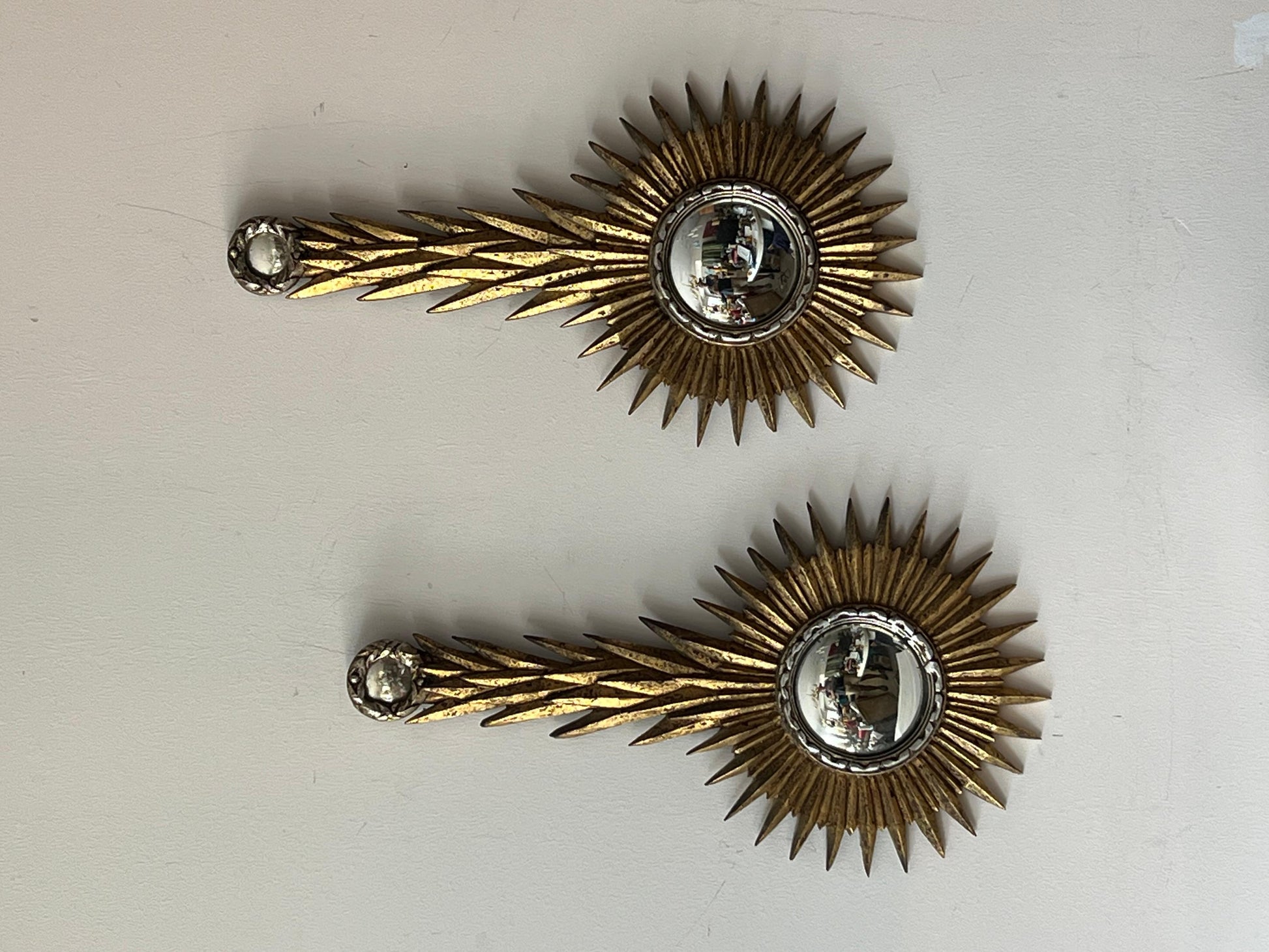 Frisman Vintage A Pair Of Unusual Sunburst Soleil Mirrors Gilt Wood Convex 1960