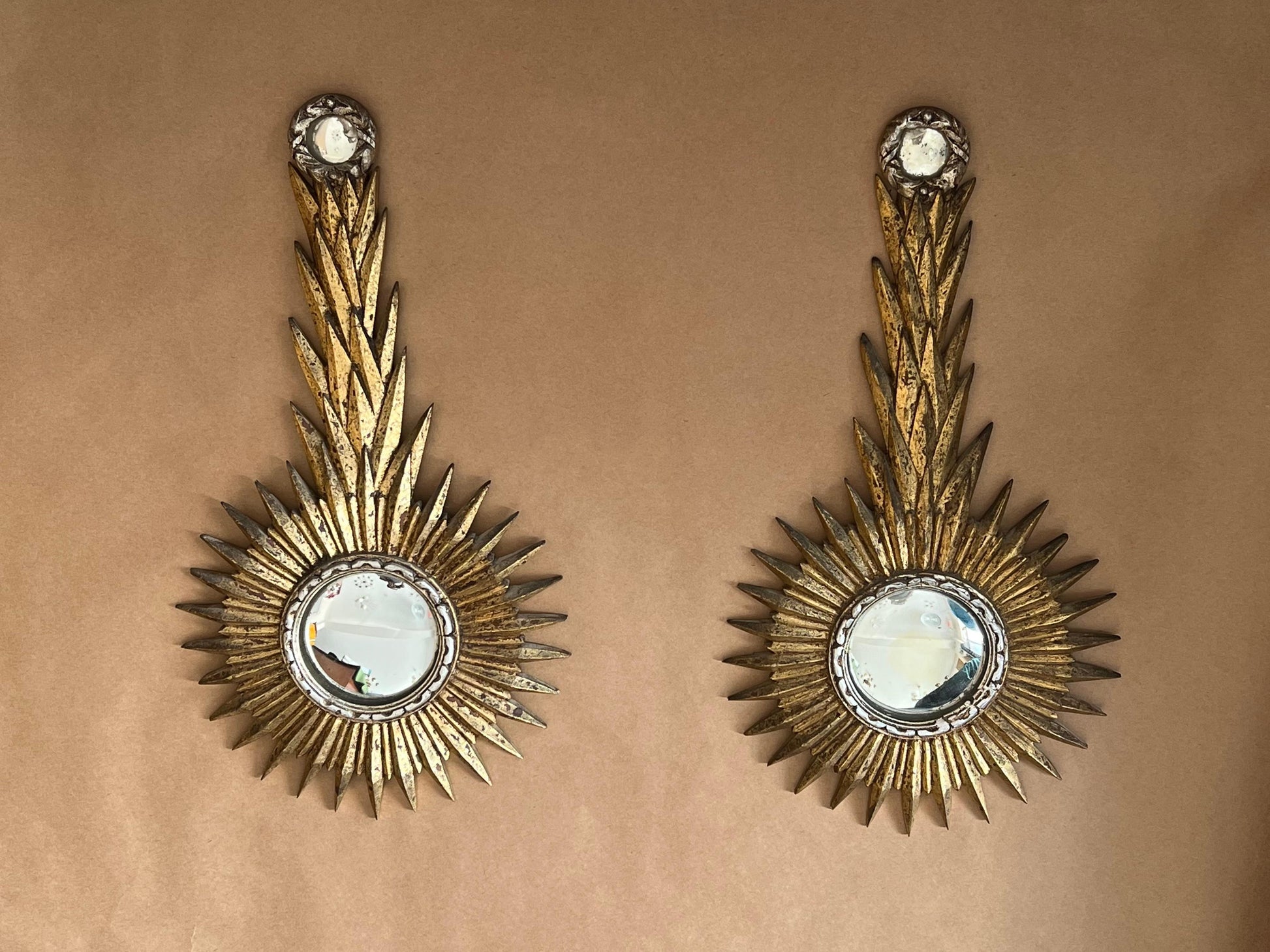 Frisman Vintage A Pair Of Unusual Sunburst Soleil Mirrors Gilt Wood Convex 1960